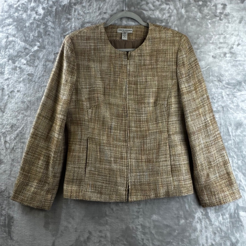Valerie Stevens Tweed Jacket Womens 10 Brown Zip Front Collarless Blazer (1695)